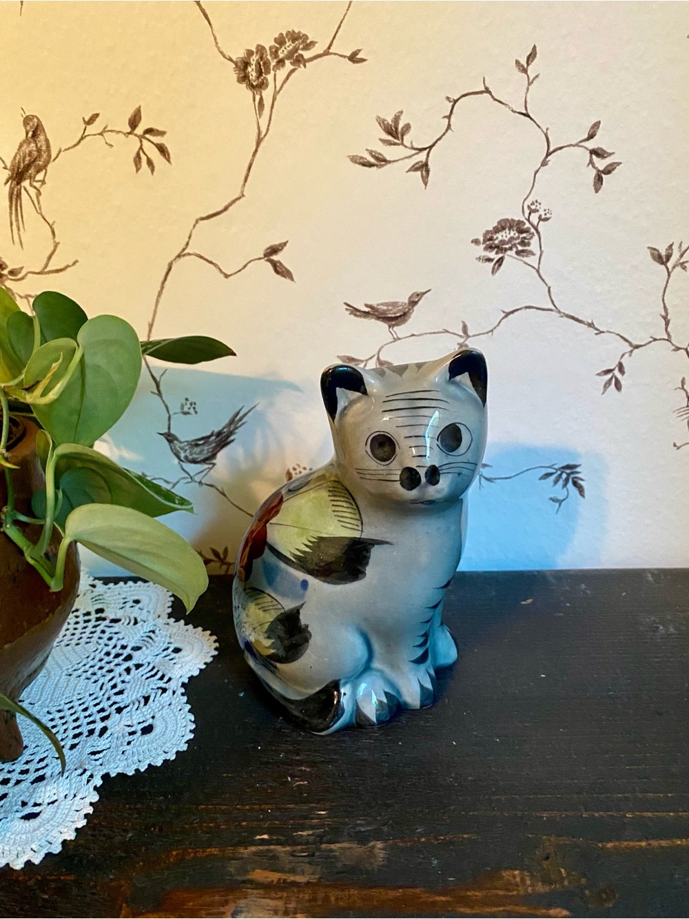 Mexico Hand-Painted Ceramic Cat Figurine - Blue and Multicolor